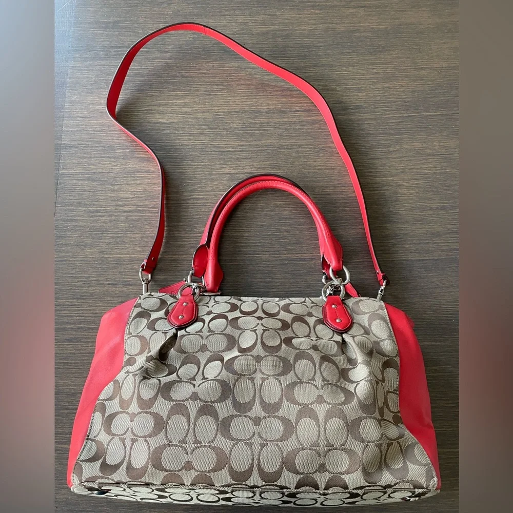 COACH F36376 SIGNATURE COLETTE CARRYALL RED TAN BROWN SHOULDER SATCHEL CROSSBODY